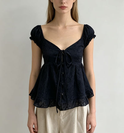 Puff Sleeve Sweetheart Neckline Plain Tie-Front Ruffled Hem Blouse