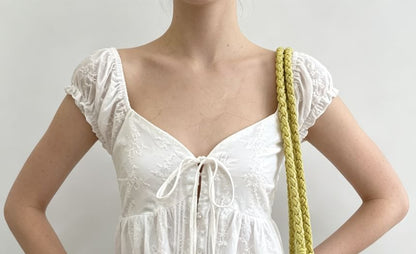 Puff Sleeve Sweetheart Neckline Plain Tie-Front Ruffled Hem Blouse