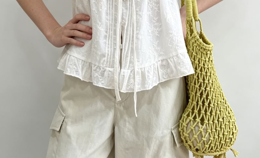 Puff Sleeve Sweetheart Neckline Plain Tie-Front Ruffled Hem Blouse