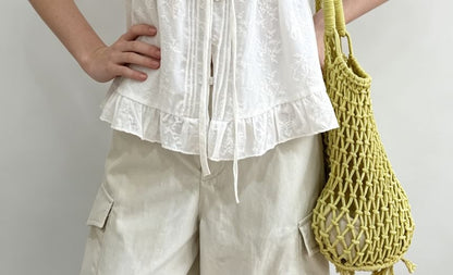 Puff Sleeve Sweetheart Neckline Plain Tie-Front Ruffled Hem Blouse