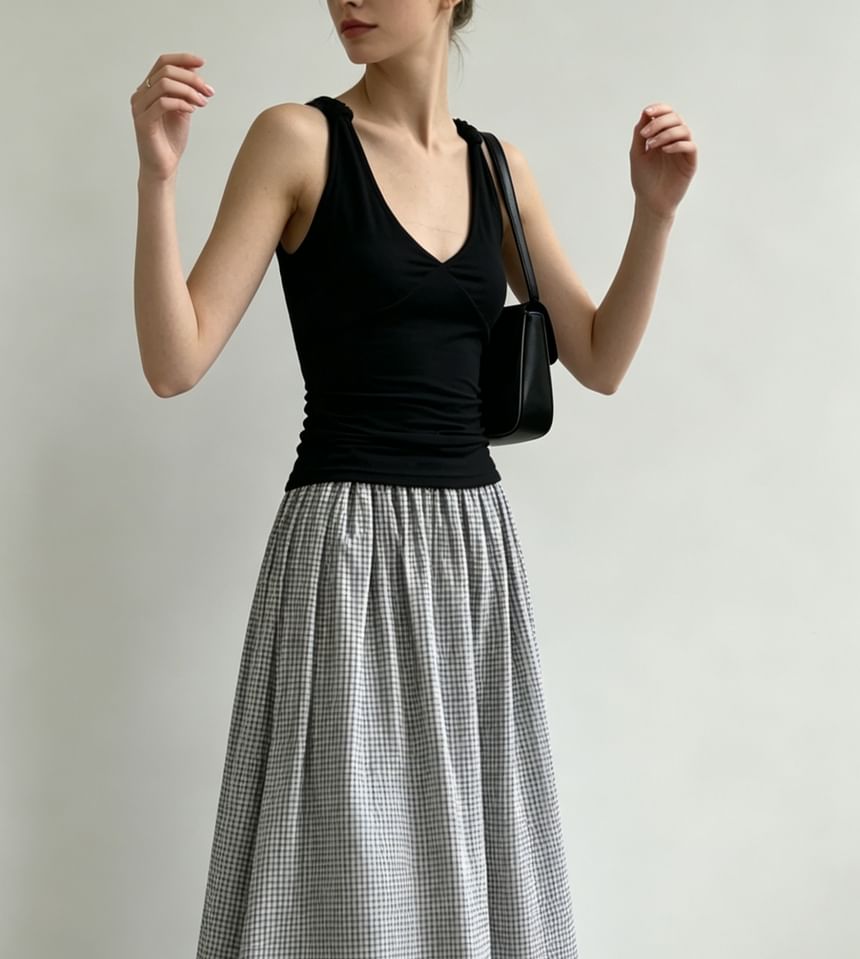 V-Neck Knotted Strap Plain Slim-Fit Tank Top