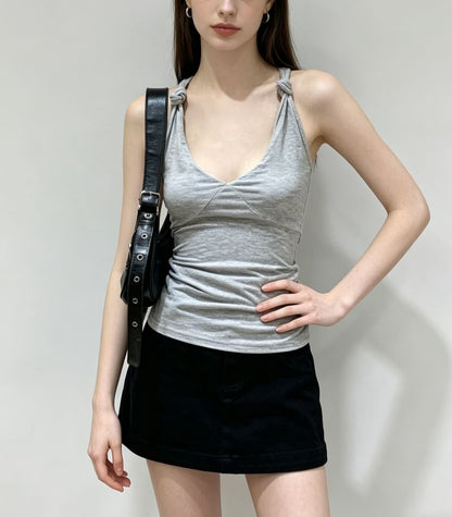 V-Neck Knotted Strap Plain Slim-Fit Tank Top