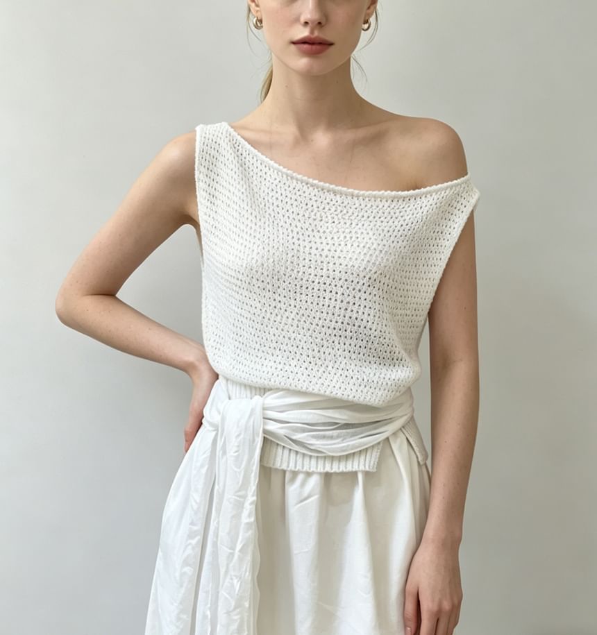 Boat Neck Plain Crochet Knit Tank Top
