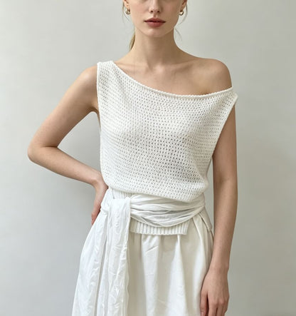 Boat Neck Plain Crochet Knit Tank Top