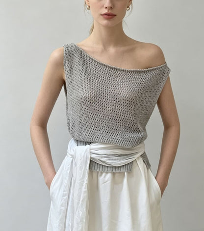 Boat Neck Plain Crochet Knit Tank Top