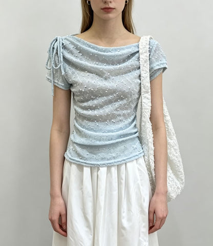 Short Sleeve Cowl Neck Drawstring Lace Slim-Fit Top