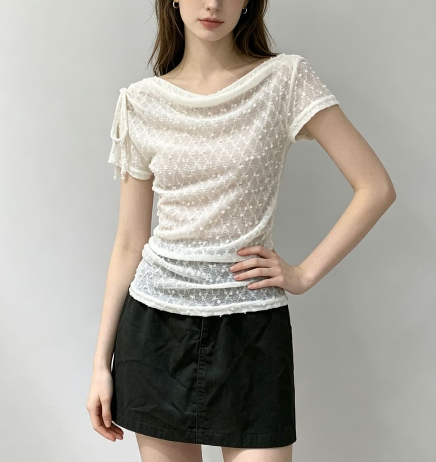 Short Sleeve Cowl Neck Drawstring Lace Slim-Fit Top