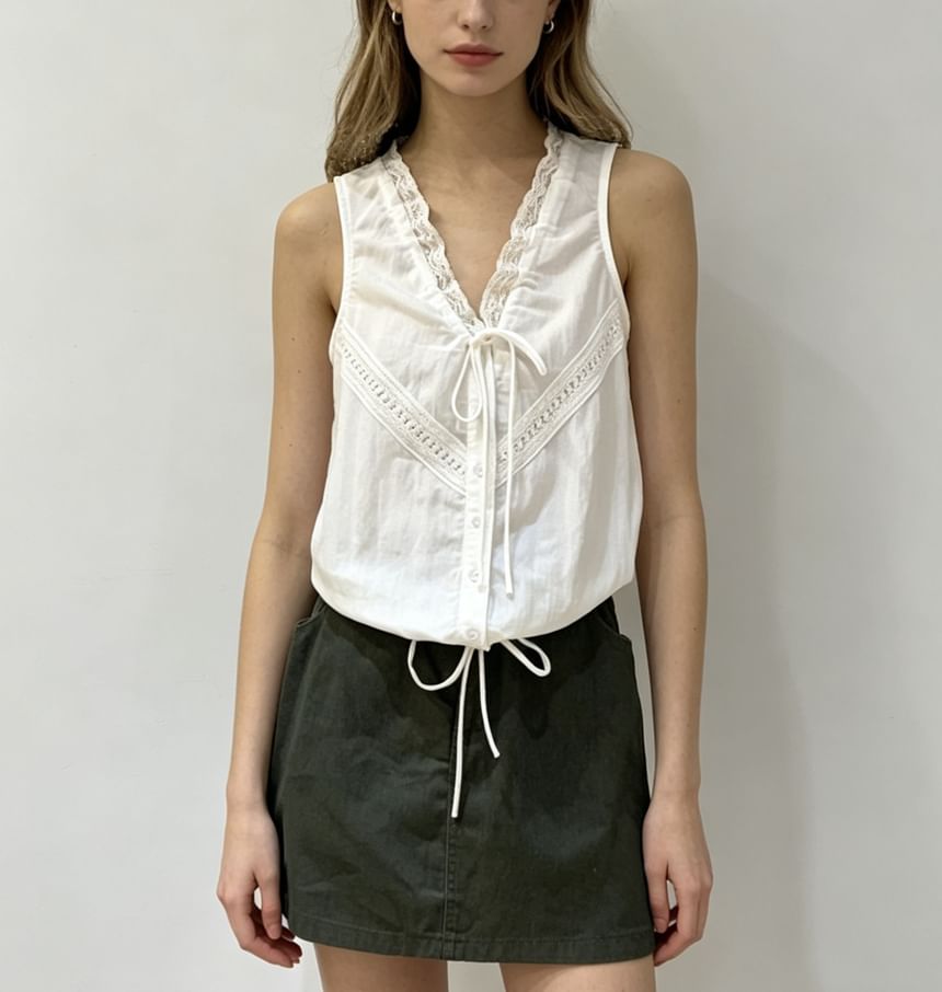 V-Neck Lace-Trim Tie-Front Drawstring Tank Top