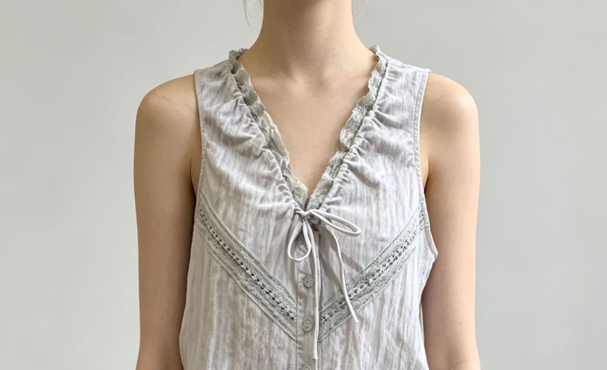 V-Neck Lace-Trim Tie-Front Drawstring Tank Top
