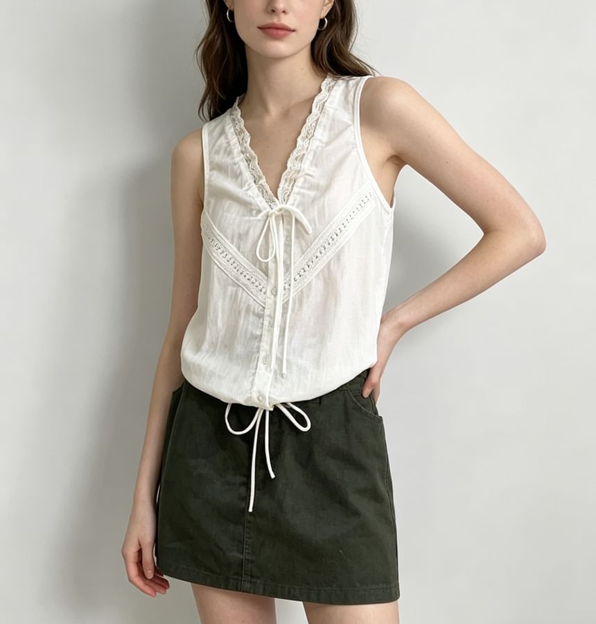 V-Neck Lace-Trim Tie-Front Drawstring Tank Top
