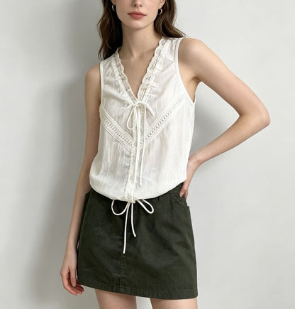 V-Neck Lace-Trim Tie-Front Drawstring Tank Top
