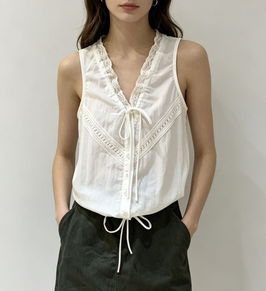 V-Neck Lace-Trim Tie-Front Drawstring Tank Top
