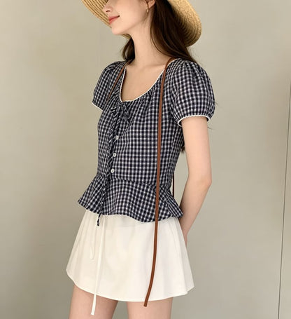 Puff Sleeve V-Neck Gingham Peplum Blouse