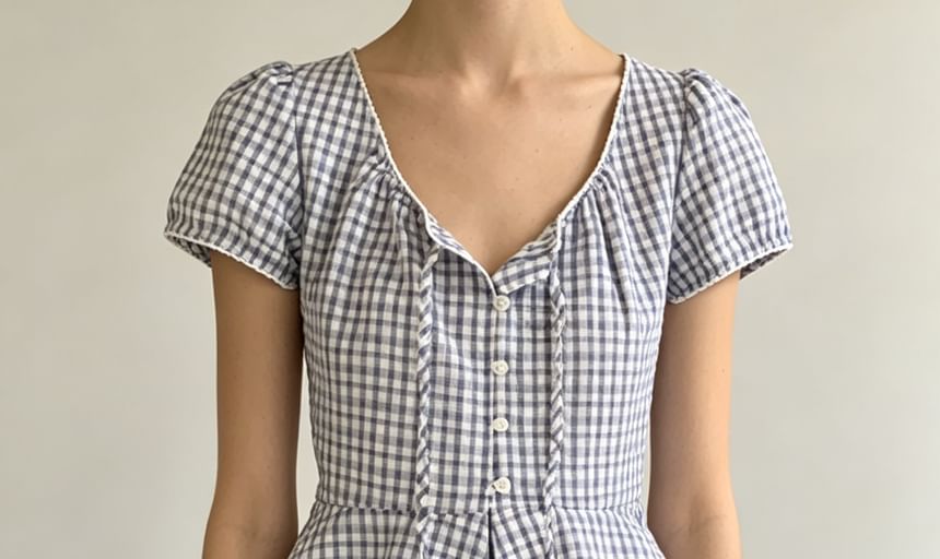 Puff Sleeve V-Neck Gingham Peplum Blouse