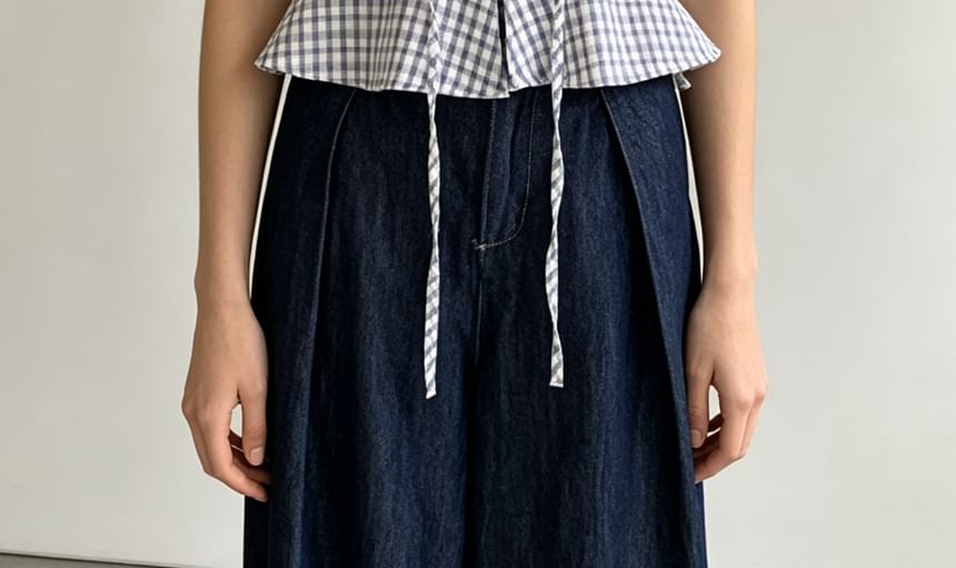 Puff Sleeve V-Neck Gingham Peplum Blouse