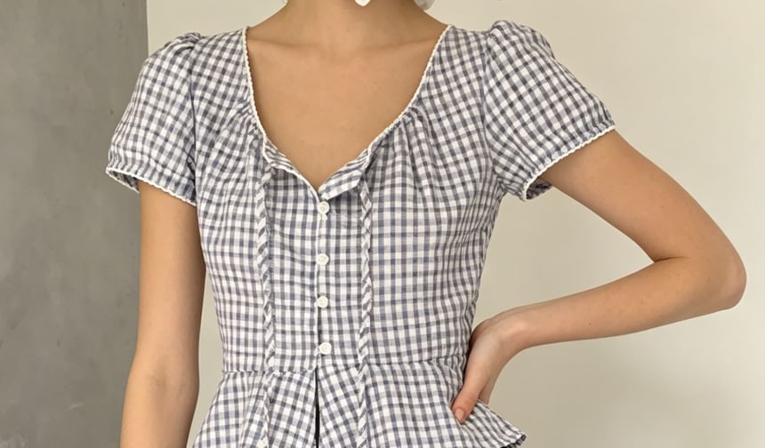 Puff Sleeve V-Neck Gingham Peplum Blouse