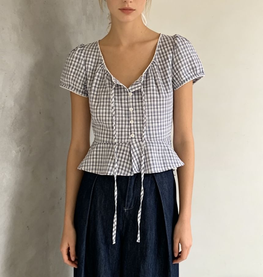Puff Sleeve V-Neck Gingham Peplum Blouse