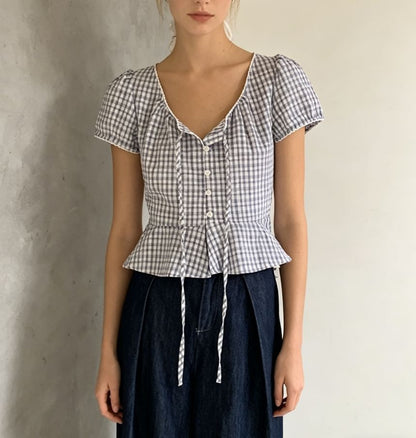Puff Sleeve V-Neck Gingham Peplum Blouse