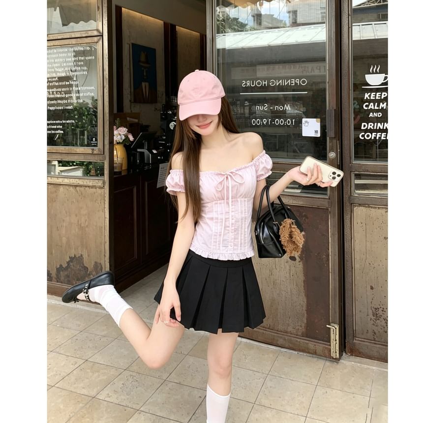 Short Sleeve Square Neck Plain Bow Ruffle Blouse