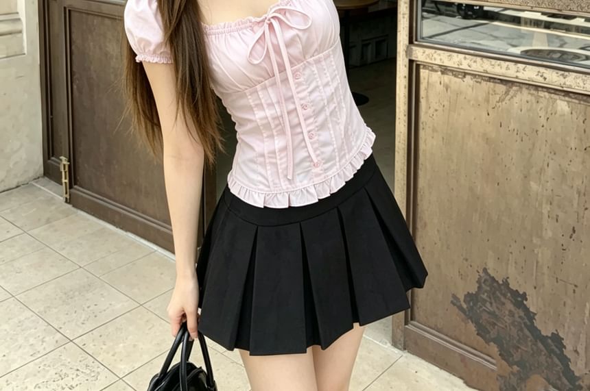 Short Sleeve Square Neck Plain Bow Ruffle Blouse