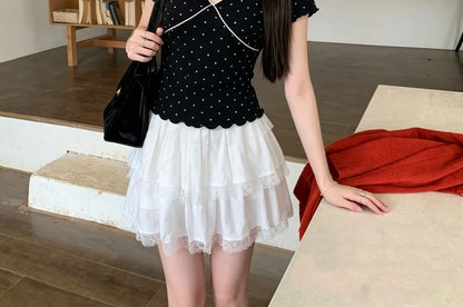 Short Sleeve V-Neck Dotted Panel Top