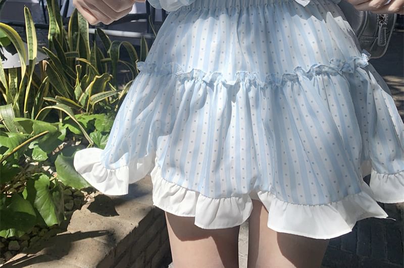 Short Sleeve Collared Dotted Striped Ruffle Panel Blouse / Elastic Waist Mini A-Line Skirt