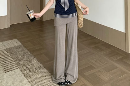 Short Sleeve Striped Bow Mock Two Piece Top / High Waist Plain Skirt Overlay Flared Pants