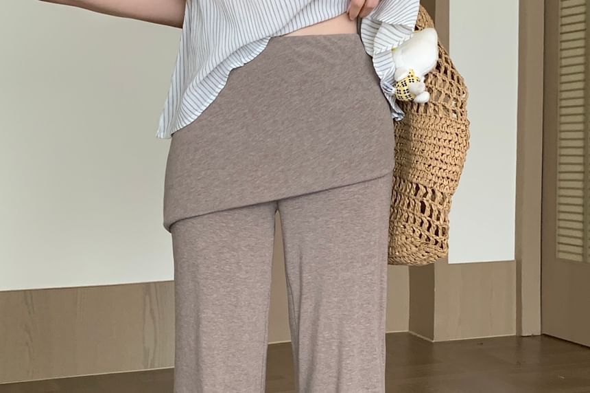 Short Sleeve Striped Bow Mock Two Piece Top / High Waist Plain Skirt Overlay Flared Pants