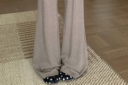 Short Sleeve Striped Bow Mock Two Piece Top / High Waist Plain Skirt Overlay Flared Pants
