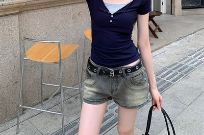 Short Sleeve Halter Henley Mock Two Piece Top