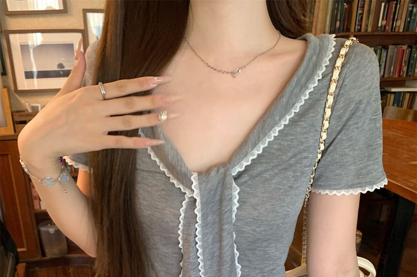 Short Sleeve Tie Neck Lace Trim Top