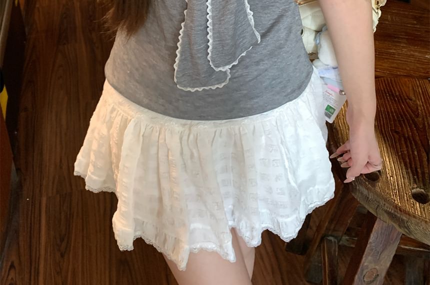 Short Sleeve Tie Neck Lace Trim Top