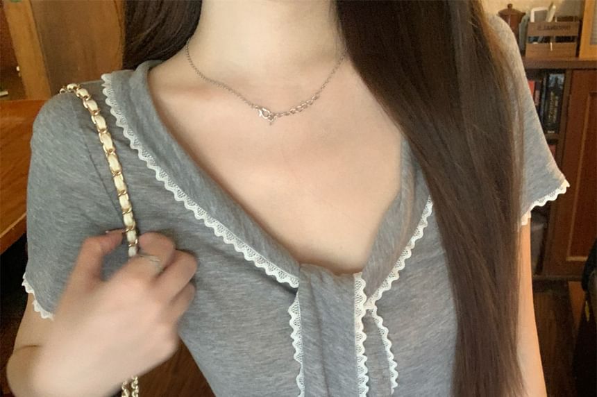 Short Sleeve Tie Neck Lace Trim Top