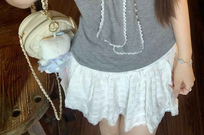Short Sleeve Tie Neck Lace Trim Top