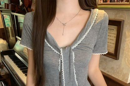 Short Sleeve Tie Neck Lace Trim Top