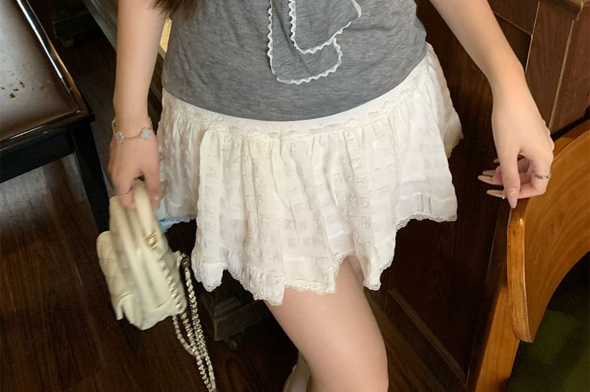 Short Sleeve Tie Neck Lace Trim Top