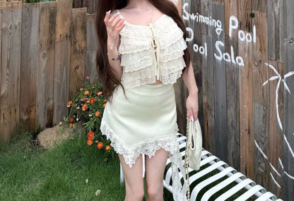 Sleeveless Lace Crop Top / High Waist Asymmetrical Mini Skirt