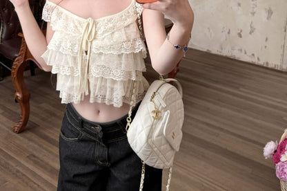 Sleeveless Lace Crop Top / High Waist Asymmetrical Mini Skirt