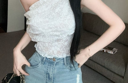 Sleeveless Asymmetrical Lace Crop Top