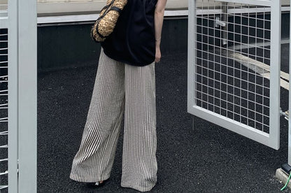 Set: Sleeveless Plain Top + High Waist Pinstripe Wide Leg Pants