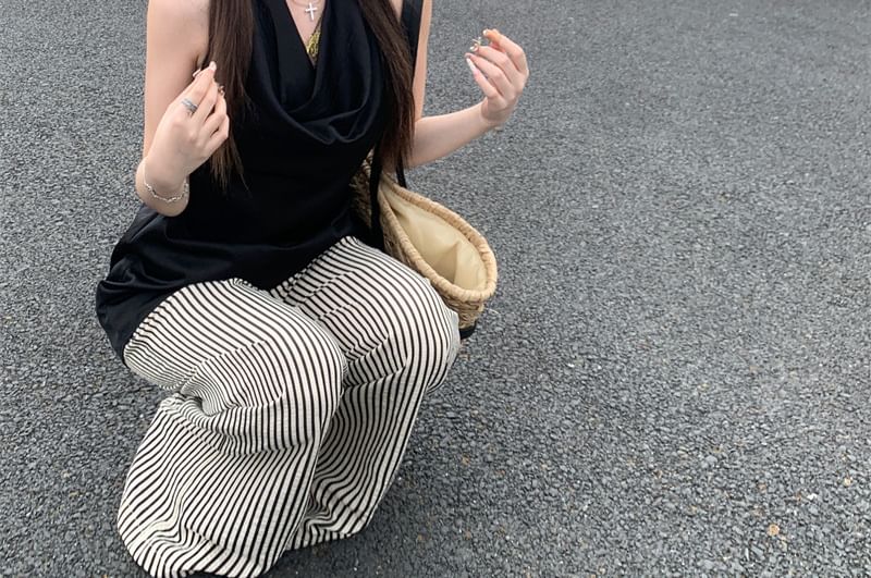 Set: Sleeveless Plain Top + High Waist Pinstripe Wide Leg Pants