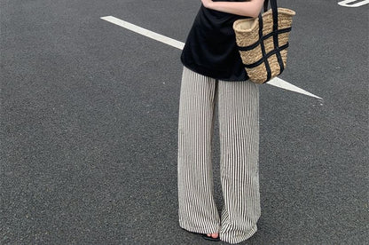 Set: Sleeveless Plain Top + High Waist Pinstripe Wide Leg Pants
