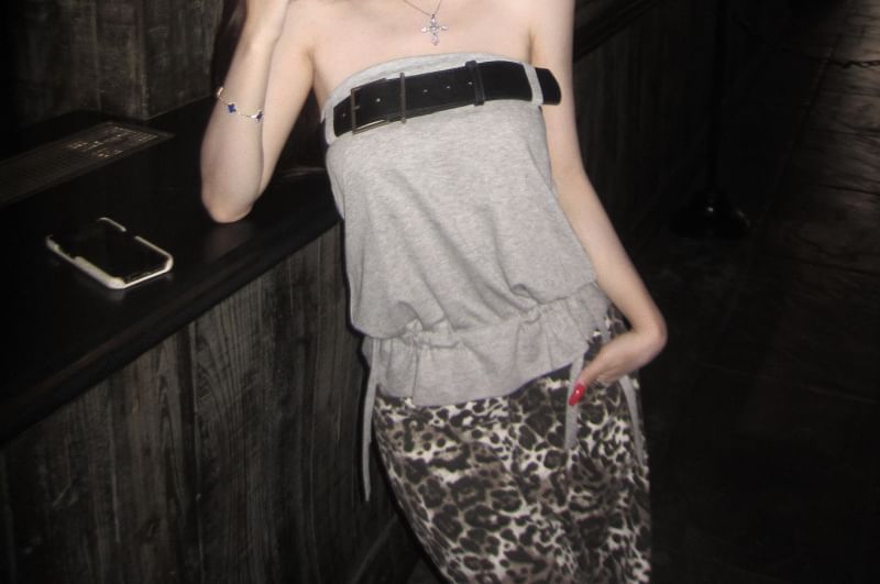 Plain Crop Tube Top / Mid Waist Leopard Print Wide Leg Pants