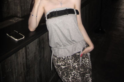 Plain Crop Tube Top / Mid Waist Leopard Print Wide Leg Pants