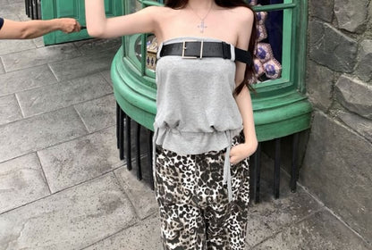 Plain Crop Tube Top / Mid Waist Leopard Print Wide Leg Pants