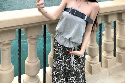 Plain Crop Tube Top / Mid Waist Leopard Print Wide Leg Pants