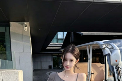 Elbow-Sleeve Cold Shoulder Plain Crop Top