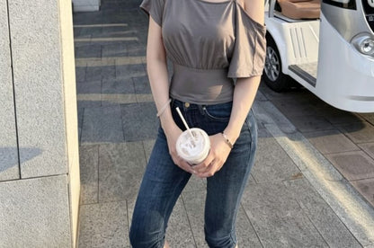 Elbow-Sleeve Cold Shoulder Plain Crop Top