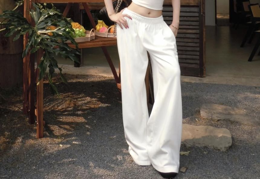 Cap-Sleeve Scoop Neck Lace Crop Top / Elastic Waist Plain Sweatpants