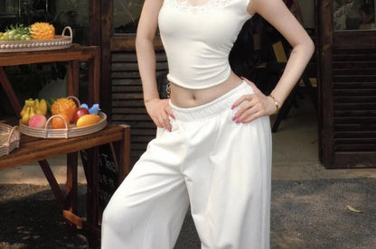 Cap-Sleeve Scoop Neck Lace Crop Top / Elastic Waist Plain Sweatpants